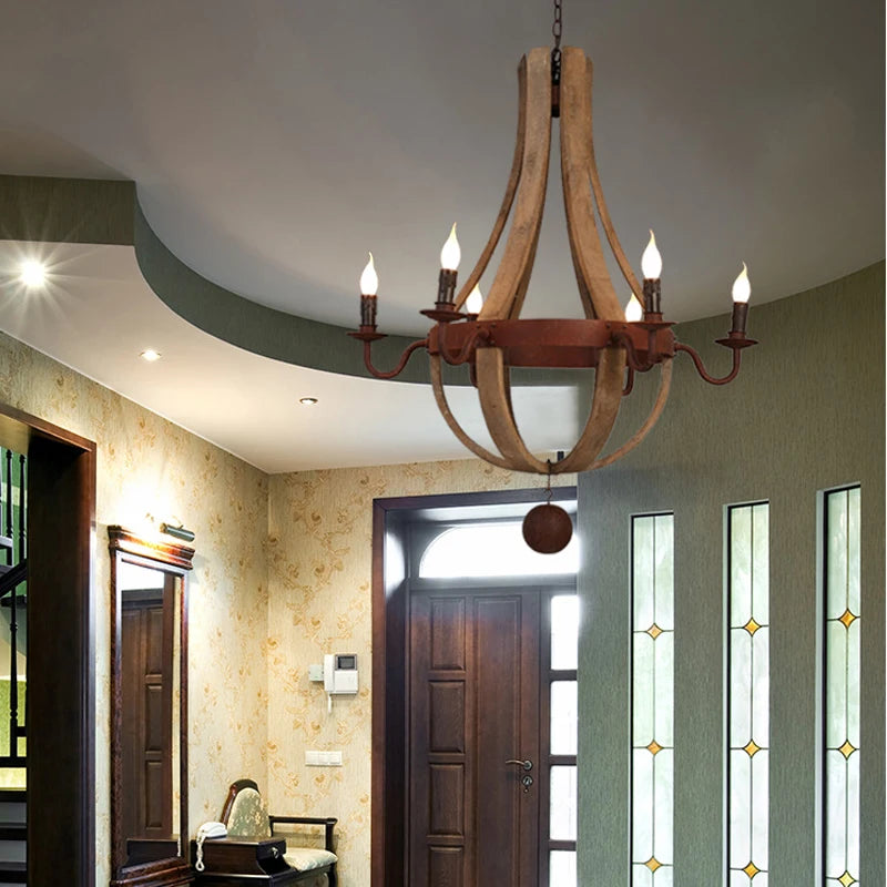 Vintage chandelier decoration Retro wood light fixture of Living Room Bedroom Loft Home American Country Rural candle chandelier