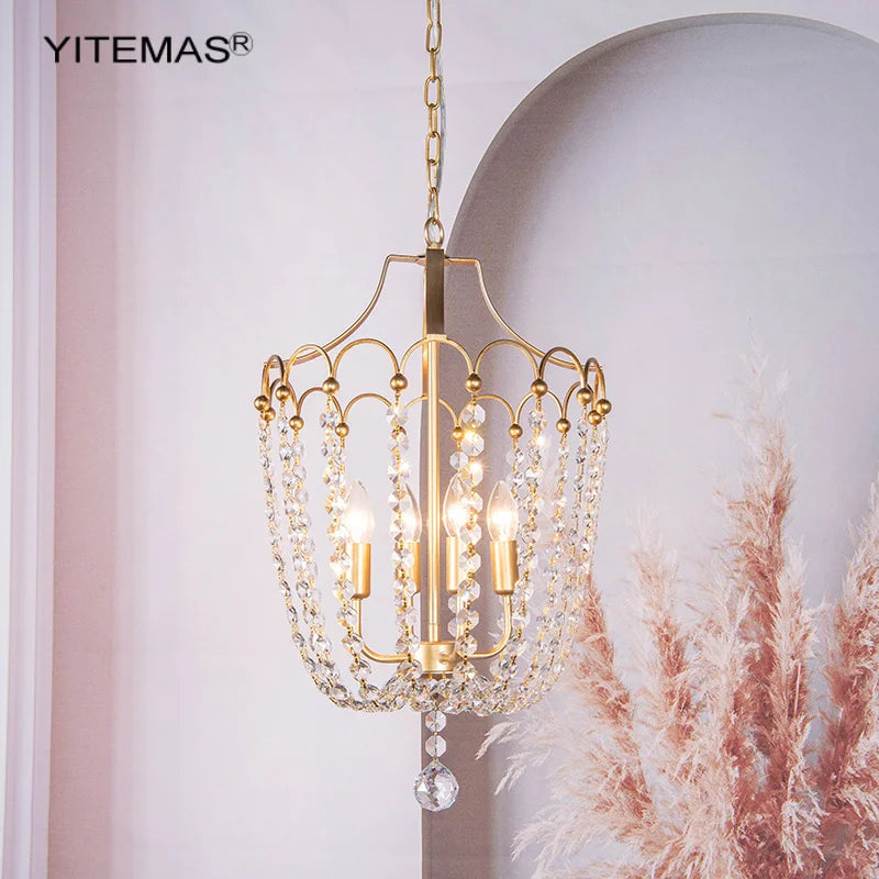 Crystal Chandelier Gold Dining Room Lighting White Wooden Beads Chandeliers For Staircase Kitchen Hallway French Country Lights