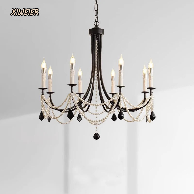 French crystal chandelier, American retro pearl living room dining room chandelier, princess room bedroom lighting fixture