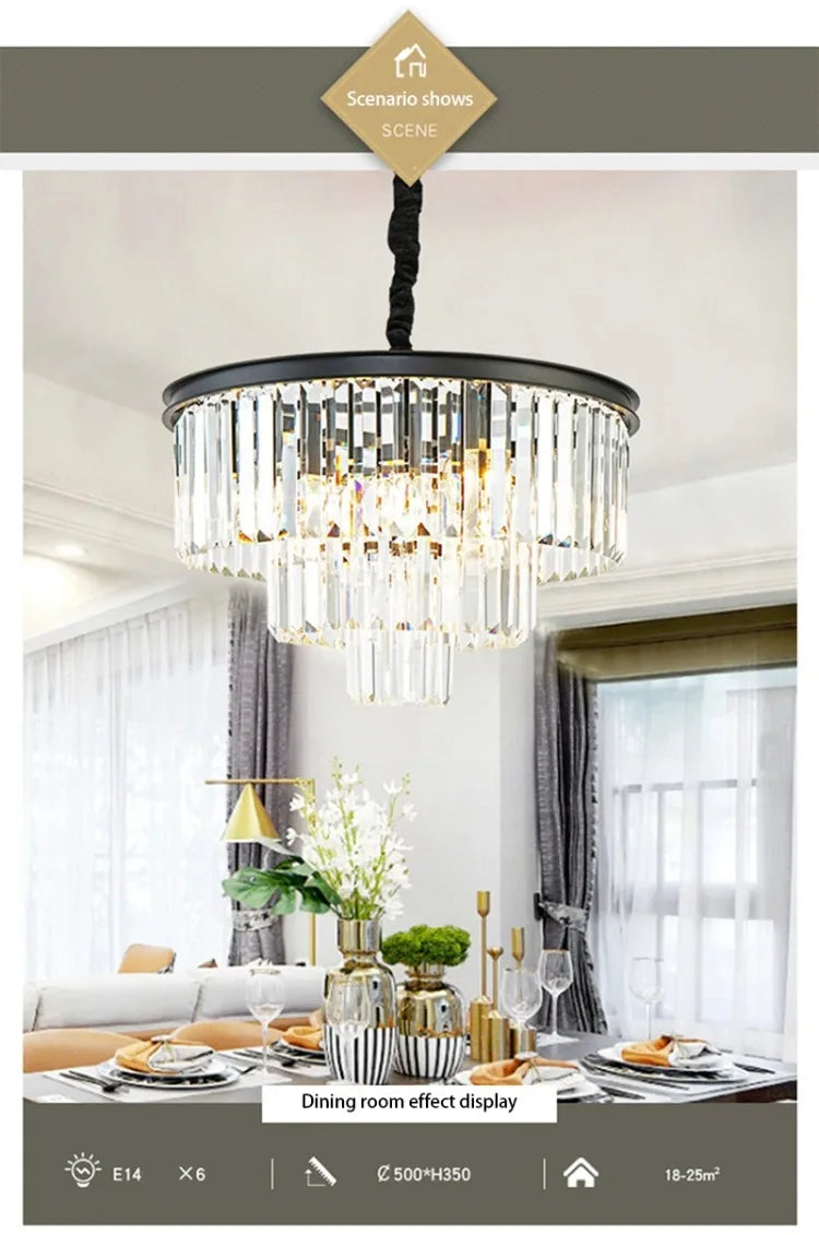 American Luxury Led Crystal Chandelier Modern Multilayer Gold Black Glass Crystal Hanging Lamp Indoor Decor Living Room Kitchen