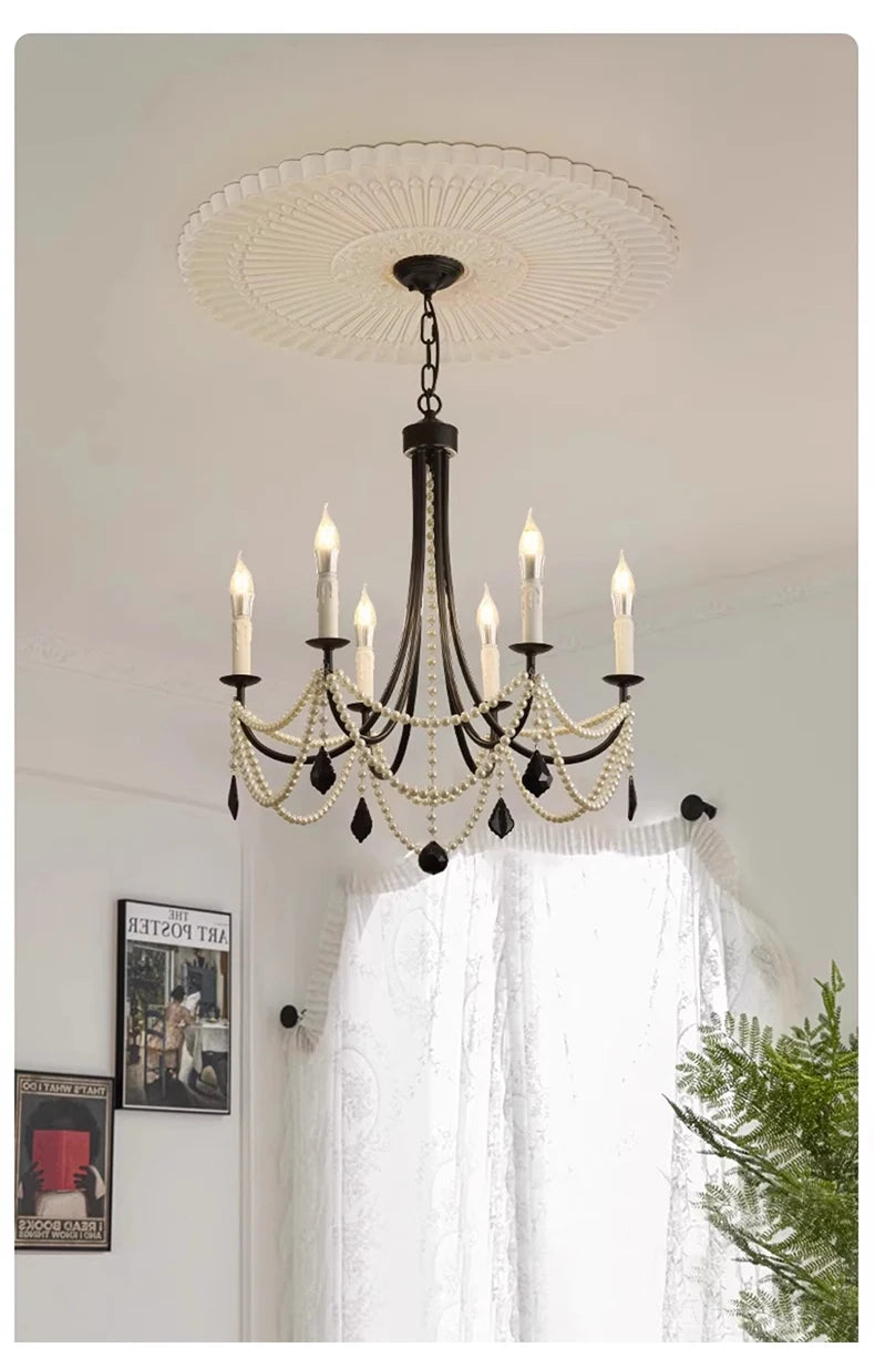 French crystal chandelier, American retro pearl living room dining room chandelier, princess room bedroom lighting fixture