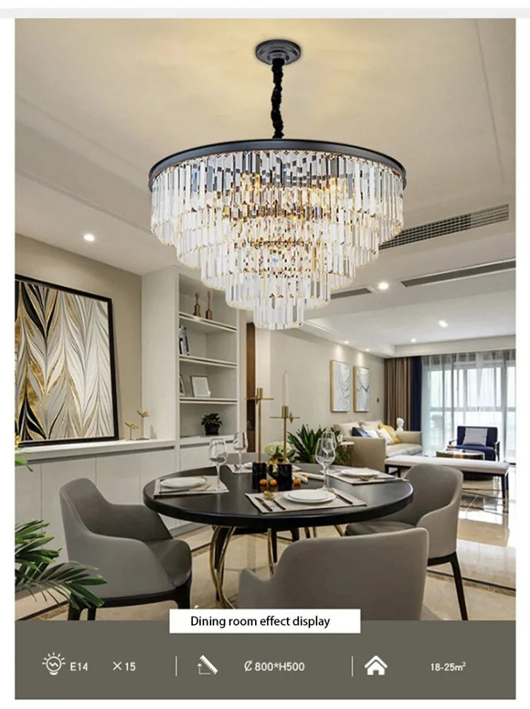 American Luxury Led Crystal Chandelier Modern Multilayer Gold Black Glass Crystal Hanging Lamp Indoor Decor Living Room Kitchen