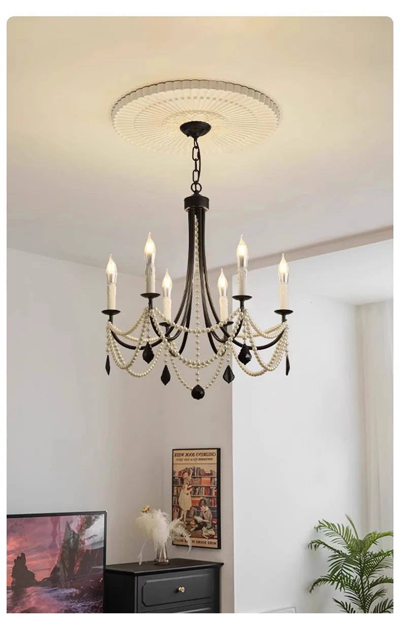 French crystal chandelier, American retro pearl living room dining room chandelier, princess room bedroom lighting fixture