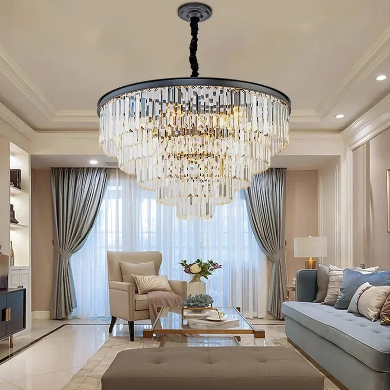 American Luxury Led Crystal Chandelier Modern Multilayer Gold Black Glass Crystal Hanging Lamp Indoor Decor Living Room Kitchen