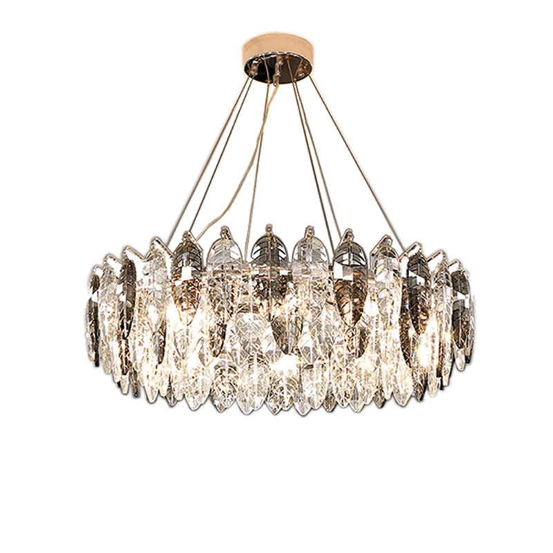 Contemporary Crystal Tassel Chandelier with Pink Feather and Gold Round Design for Indoor Living Room Ceiling Decorative Light F
