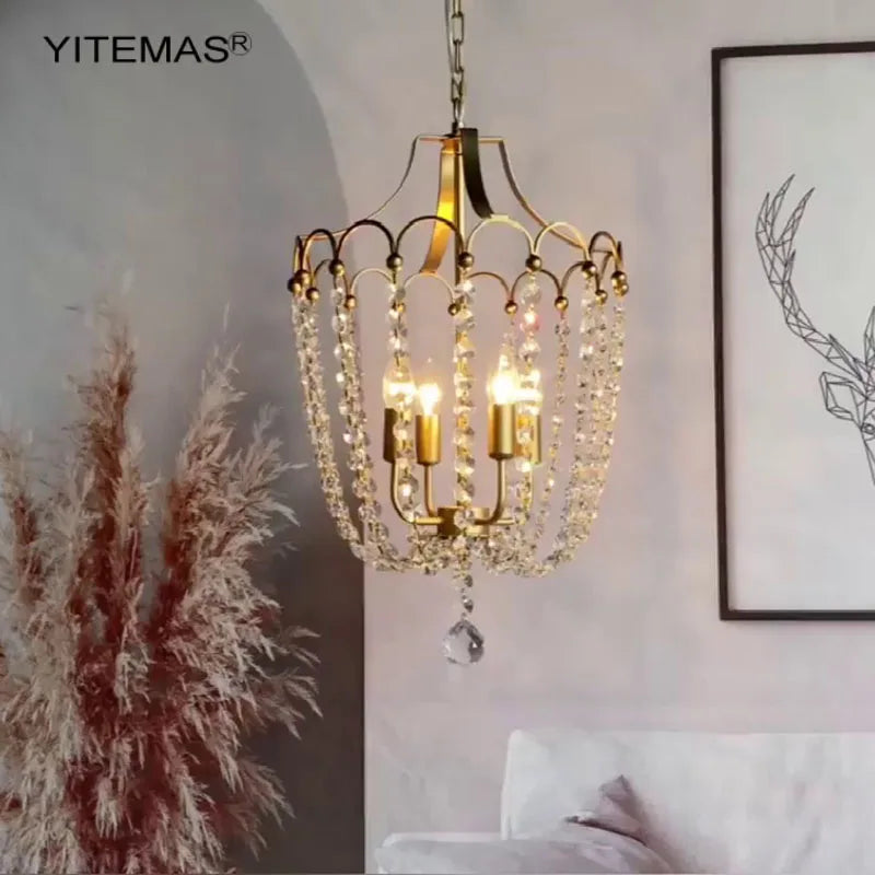 Crystal Chandelier Gold Dining Room Lighting White Wooden Beads Chandeliers For Staircase Kitchen Hallway French Country Lights