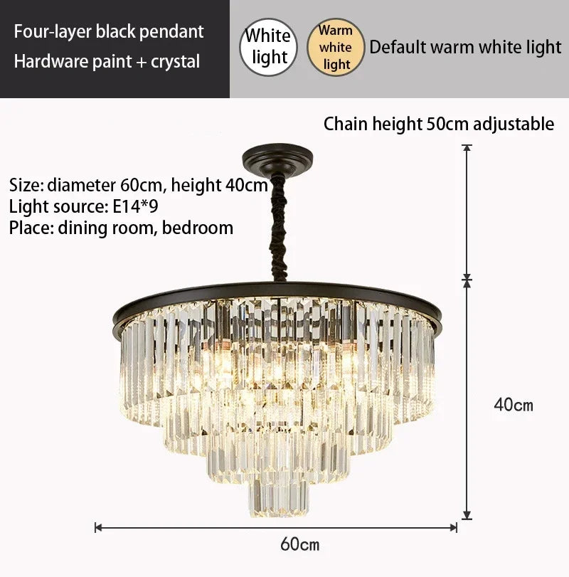American Luxury Led Crystal Chandelier Modern Multilayer Gold Black Glass Crystal Hanging Lamp Indoor Decor Living Room Kitchen