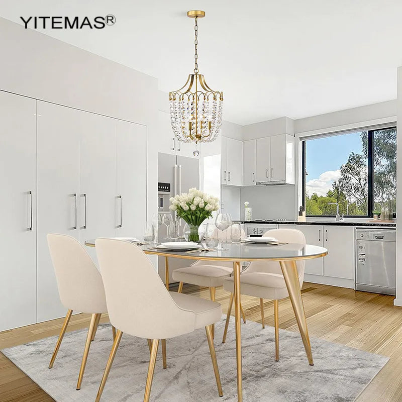 Crystal Chandelier Gold Dining Room Lighting White Wooden Beads Chandeliers For Staircase Kitchen Hallway French Country Lights