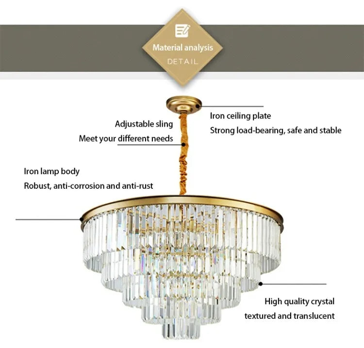 American Luxury Led Crystal Chandelier Modern Multilayer Gold Black Glass Crystal Hanging Lamp Indoor Decor Living Room Kitchen
