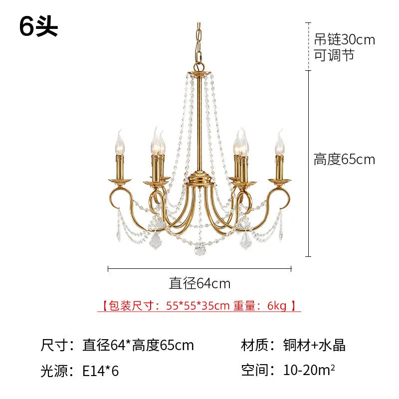 European Restaurant deco Copper LED Candle chandelier for Dining Room deco American Retro Pastoral Entrance kitchen hanging lamp