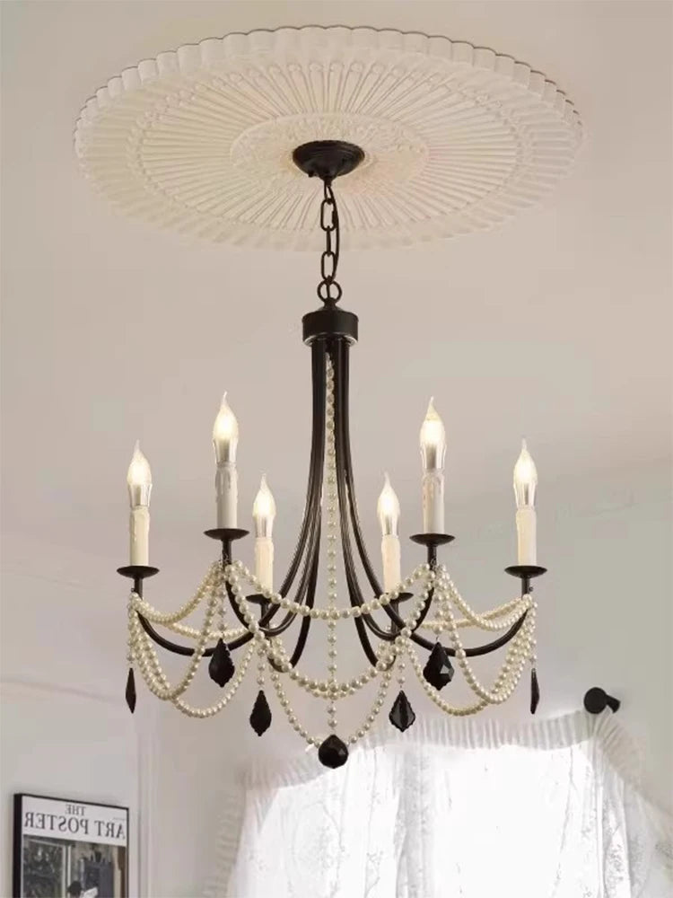 French crystal chandelier, American retro pearl living room dining room chandelier, princess room bedroom lighting fixture