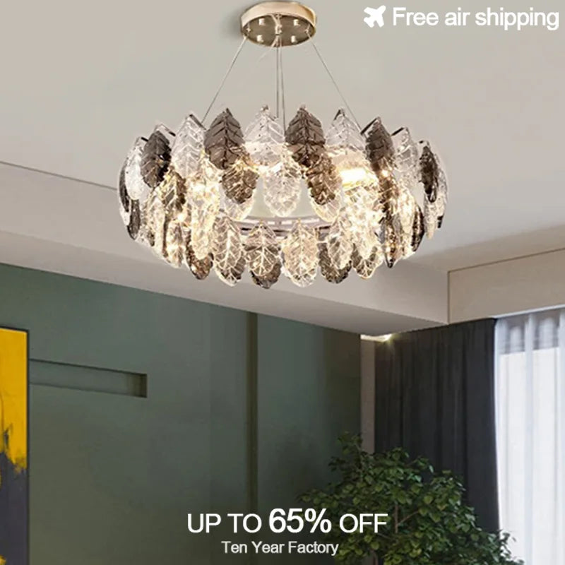 Contemporary Crystal Tassel Chandelier with Pink Feather and Gold Round Design for Indoor Living Room Ceiling Decorative Light F