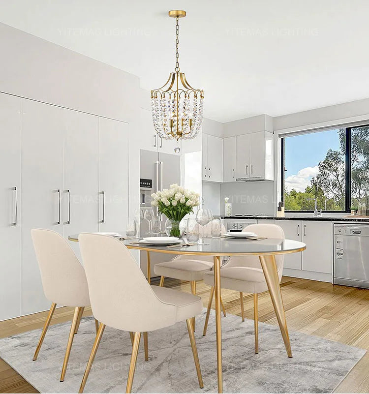 Crystal Chandelier Gold Dining Room Lighting White Wooden Beads Chandeliers For Staircase Kitchen Hallway French Country Lights