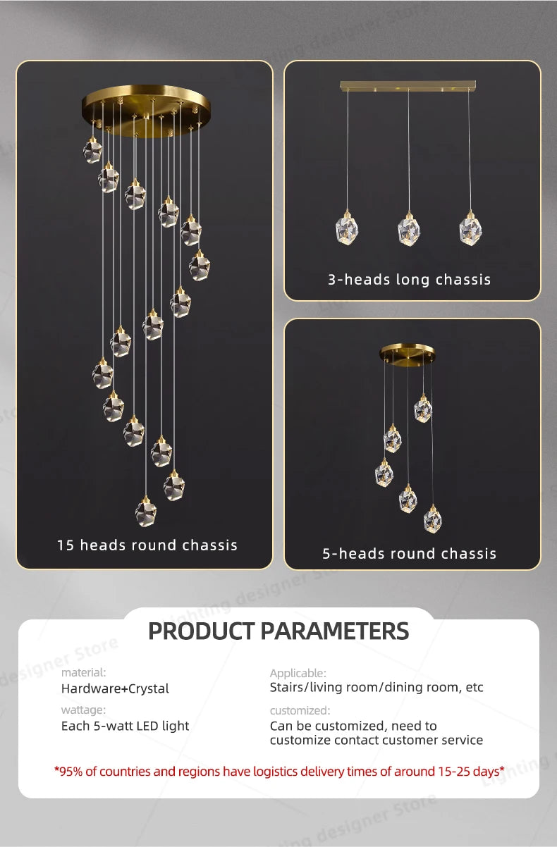 Crystal Chandelier Ceiling for Stairs Modern Led Ceiling Hanging Lamp for Living Room Dining Stair Pendant Lighting