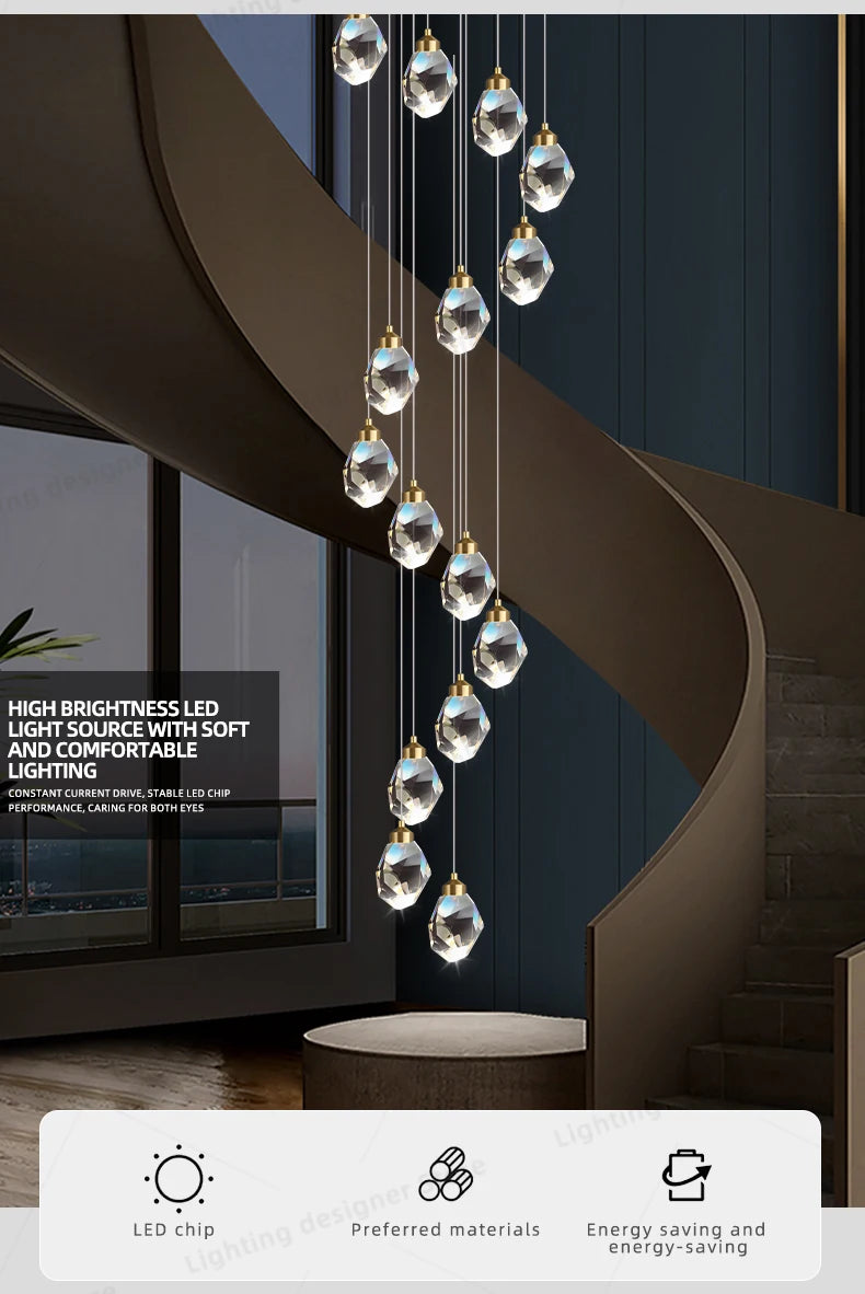 Crystal Chandelier Ceiling for Stairs Modern Led Ceiling Hanging Lamp for Living Room Dining Stair Pendant Lighting