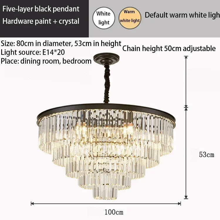 American Luxury Led Crystal Chandelier Modern Multilayer Gold Black Glass Crystal Hanging Lamp Indoor Decor Living Room Kitchen