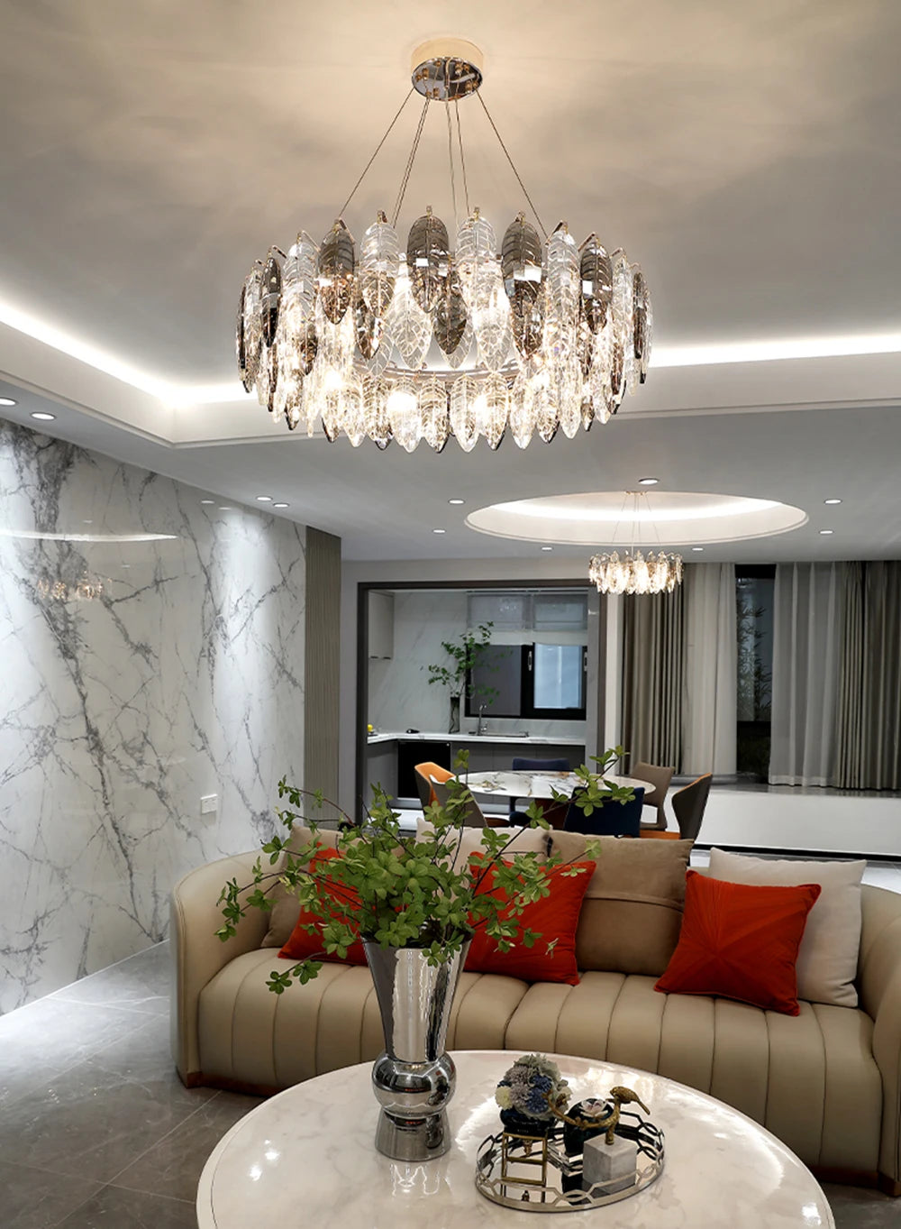 Contemporary Crystal Tassel Chandelier with Pink Feather and Gold Round Design for Indoor Living Room Ceiling Decorative Light F