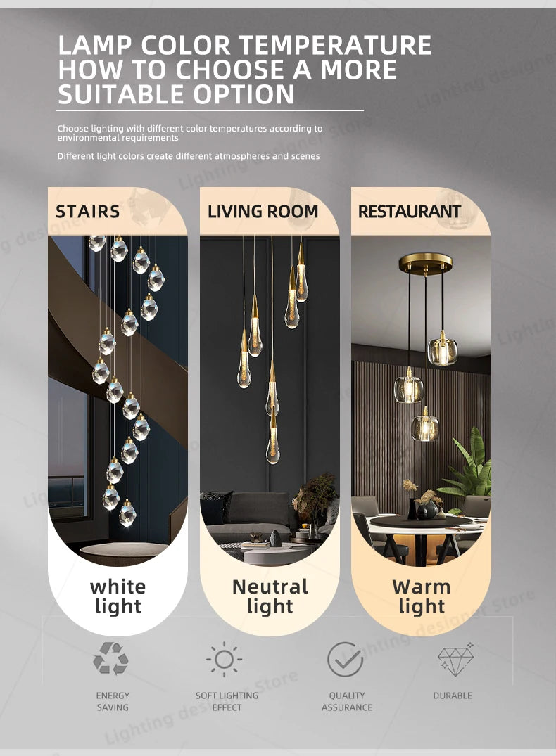 Crystal Chandelier Ceiling for Stairs Modern Led Ceiling Hanging Lamp for Living Room Dining Stair Pendant Lighting