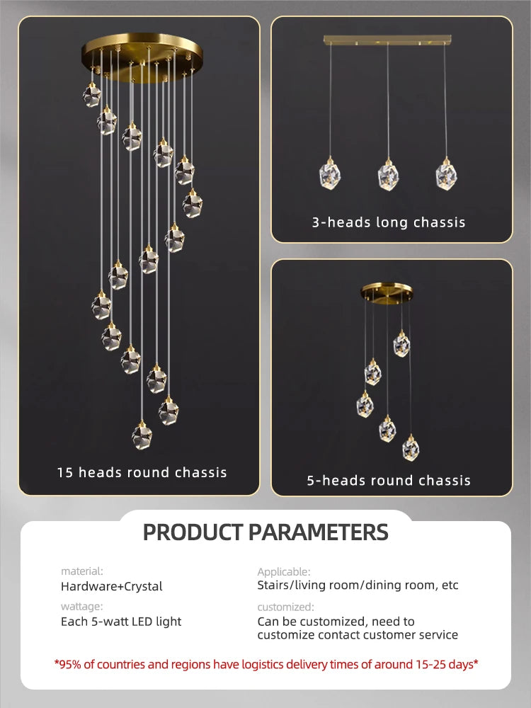 Crystal Chandelier Ceiling for Stairs Modern Led Ceiling Hanging Lamp for Living Room Dining Stair Pendant Lighting