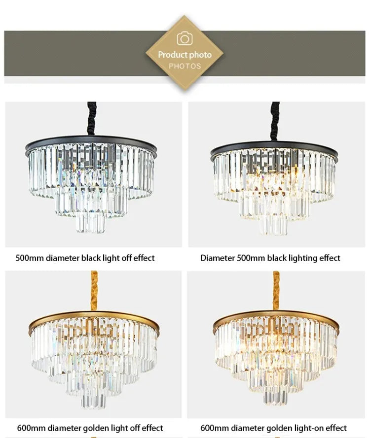 American Luxury Led Crystal Chandelier Modern Multilayer Gold Black Glass Crystal Hanging Lamp Indoor Decor Living Room Kitchen