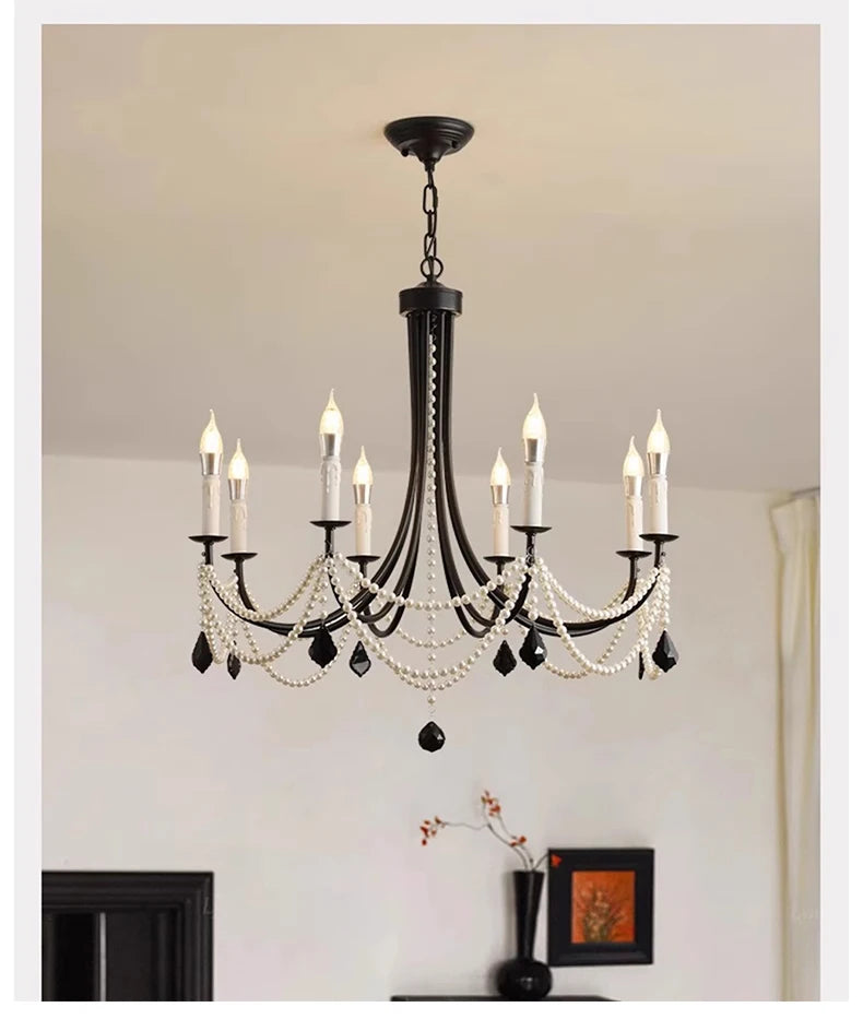 French crystal chandelier, American retro pearl living room dining room chandelier, princess room bedroom lighting fixture