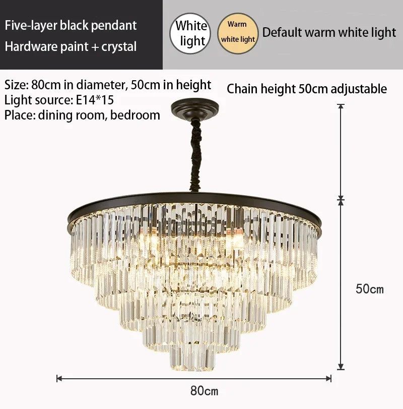 American Luxury Led Crystal Chandelier Modern Multilayer Gold Black Glass Crystal Hanging Lamp Indoor Decor Living Room Kitchen