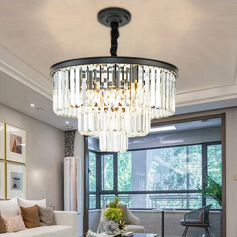 American Luxury Led Crystal Chandelier Modern Multilayer Gold Black Glass Crystal Hanging Lamp Indoor Decor Living Room Kitchen