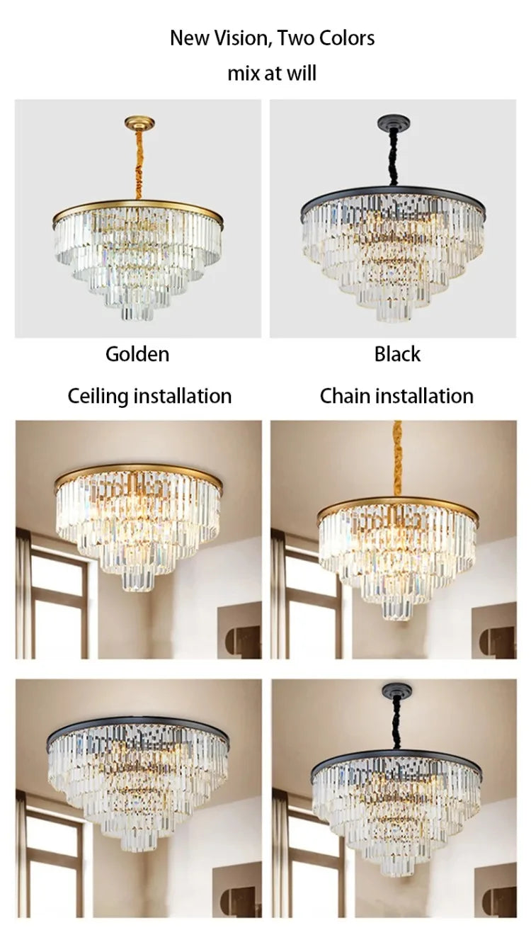 American Luxury Led Crystal Chandelier Modern Multilayer Gold Black Glass Crystal Hanging Lamp Indoor Decor Living Room Kitchen
