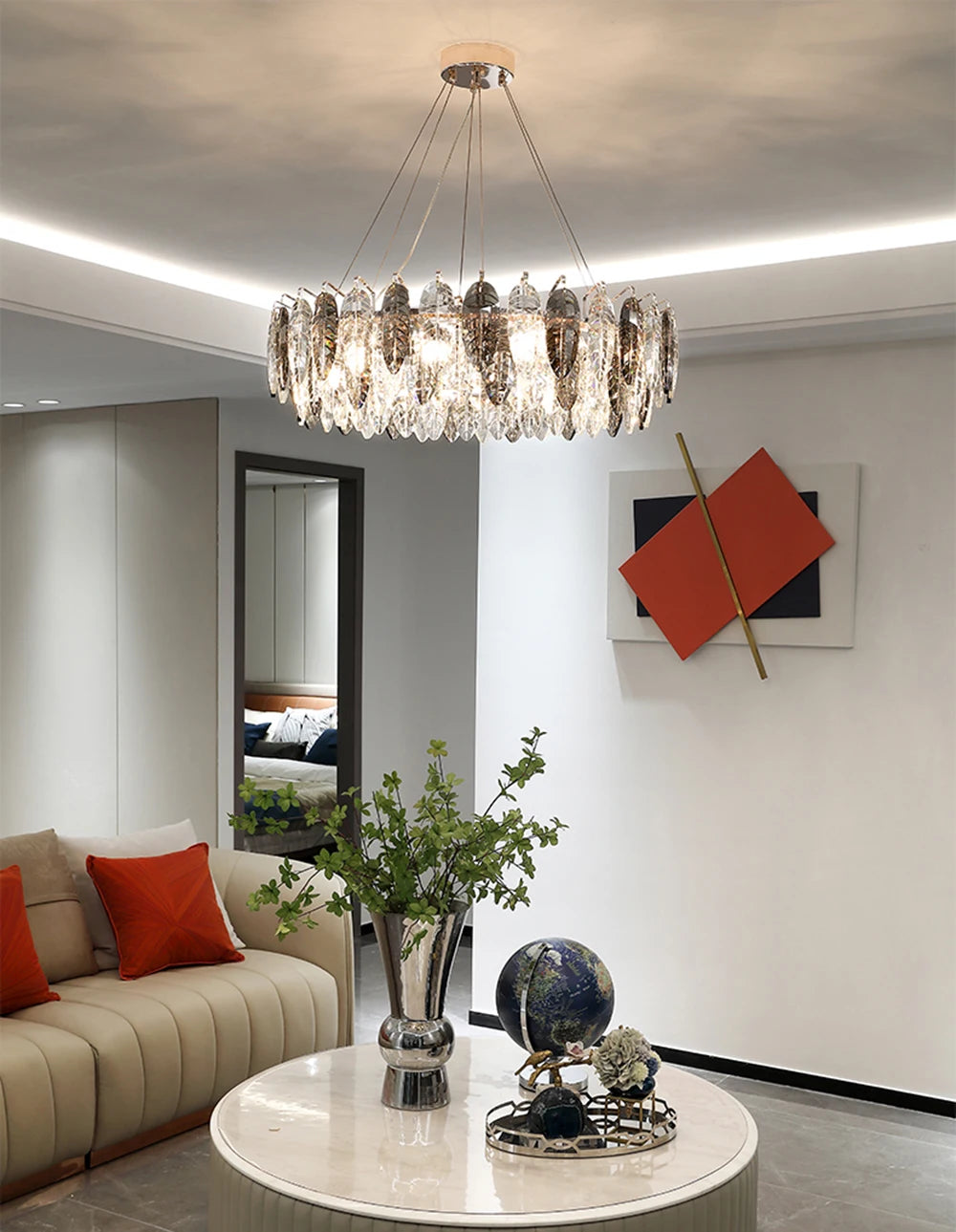 Contemporary Crystal Tassel Chandelier with Pink Feather and Gold Round Design for Indoor Living Room Ceiling Decorative Light F