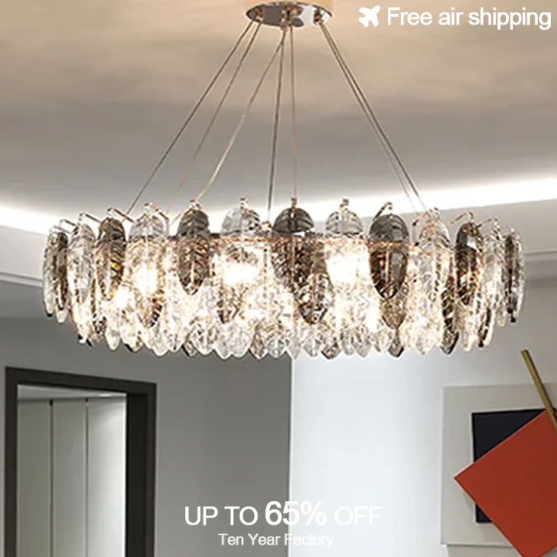 Contemporary Crystal Tassel Chandelier with Pink Feather and Gold Round Design for Indoor Living Room Ceiling Decorative Light F