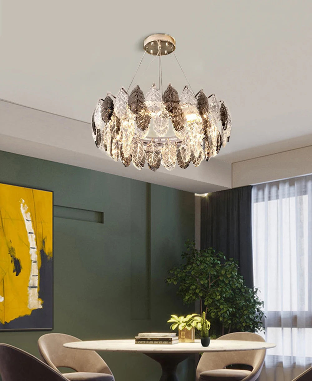 Contemporary Crystal Tassel Chandelier with Pink Feather and Gold Round Design for Indoor Living Room Ceiling Decorative Light F
