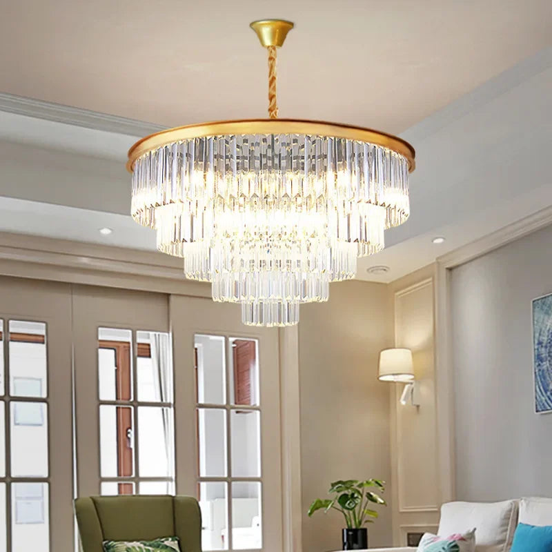 American Luxury Led Crystal Chandelier Modern Multilayer Gold Black Glass Crystal Hanging Lamp Indoor Decor Living Room Kitchen