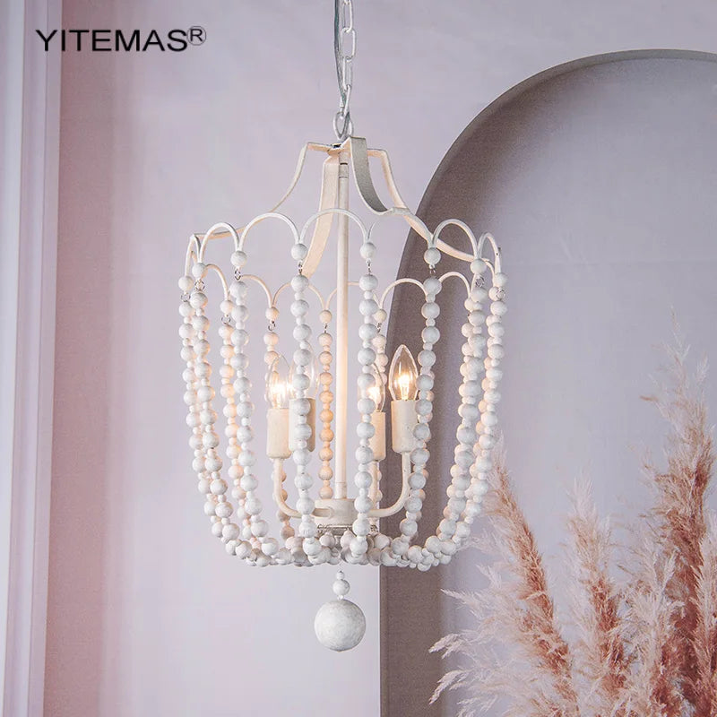 Crystal Chandelier Gold Dining Room Lighting White Wooden Beads Chandeliers For Staircase Kitchen Hallway French Country Lights