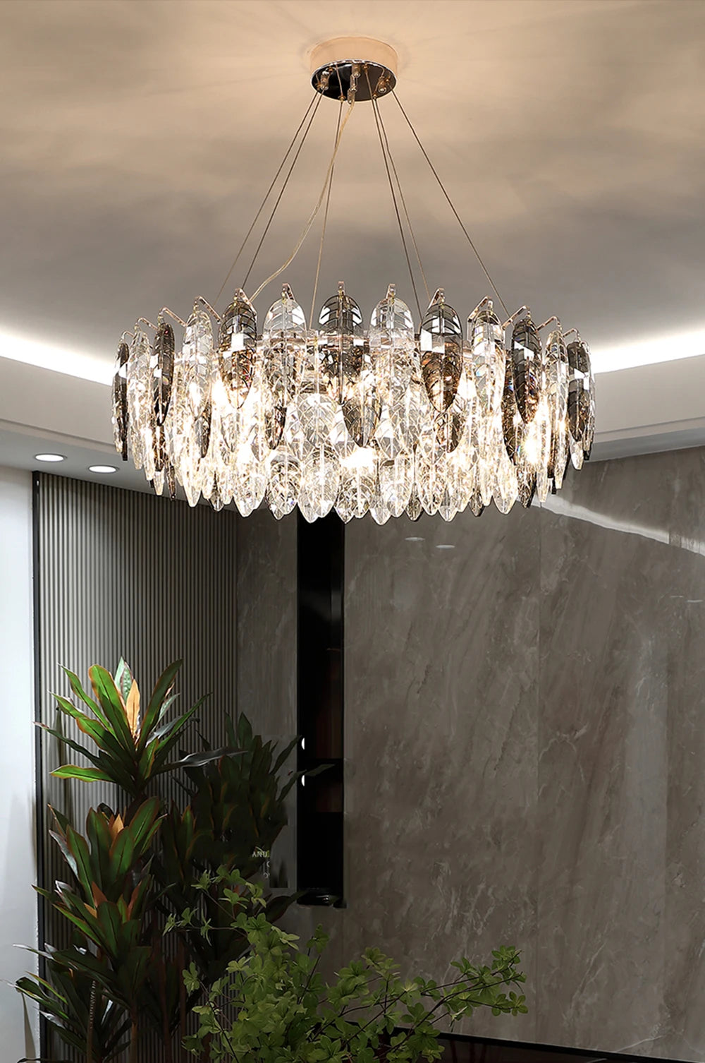 Contemporary Crystal Tassel Chandelier with Pink Feather and Gold Round Design for Indoor Living Room Ceiling Decorative Light F