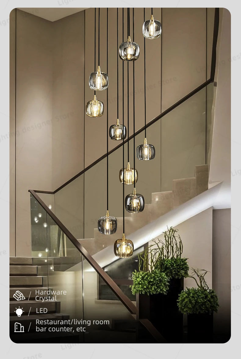 Crystal Chandelier Ceiling for Stairs Modern Led Ceiling Hanging Lamp for Living Room Dining Stair Pendant Lighting