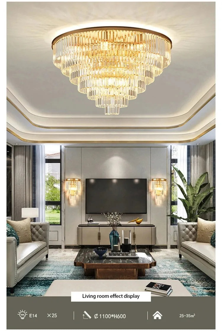 American Luxury Led Crystal Chandelier Modern Multilayer Gold Black Glass Crystal Hanging Lamp Indoor Decor Living Room Kitchen