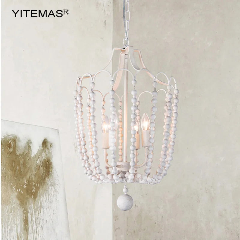 Crystal Chandelier Gold Dining Room Lighting White Wooden Beads Chandeliers For Staircase Kitchen Hallway French Country Lights