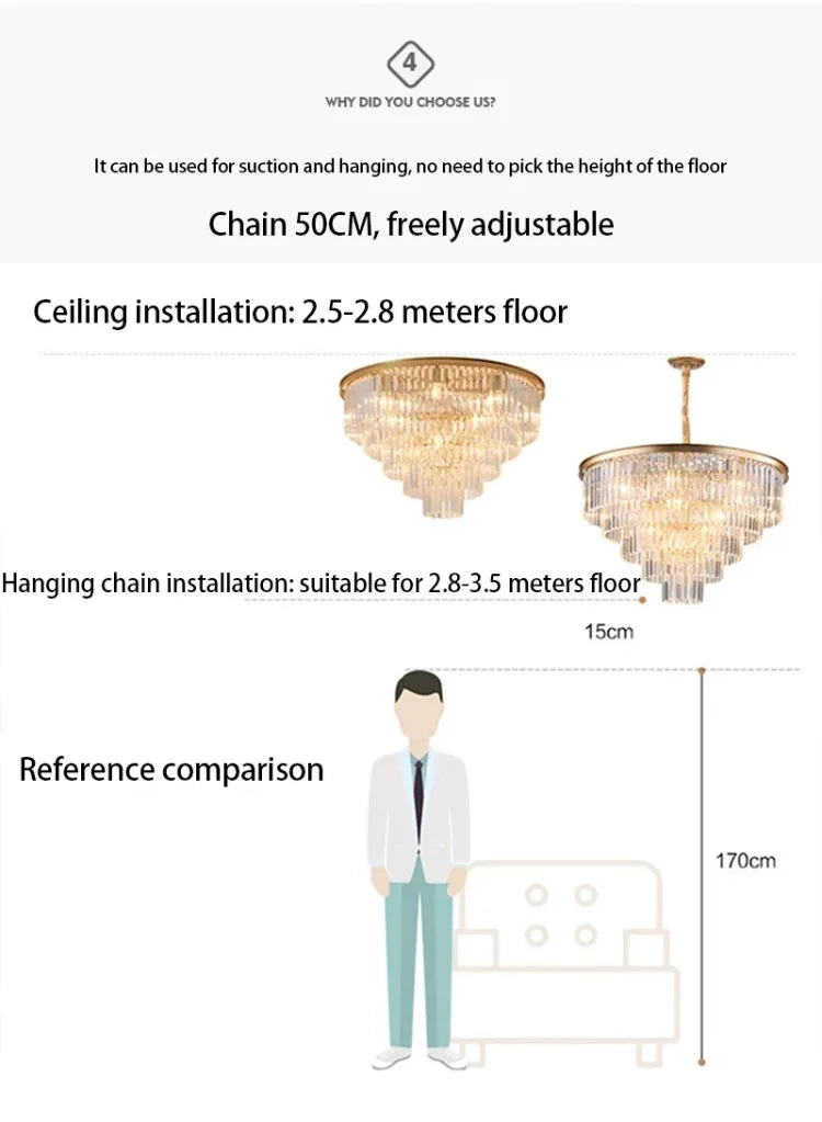 American Luxury Led Crystal Chandelier Modern Multilayer Gold Black Glass Crystal Hanging Lamp Indoor Decor Living Room Kitchen