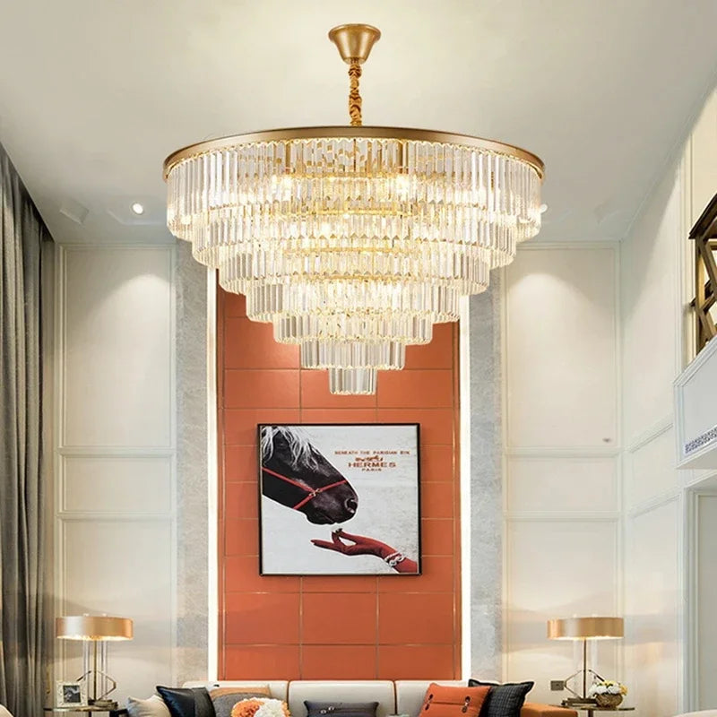 American Luxury Led Crystal Chandelier Modern Multilayer Gold Black Glass Crystal Hanging Lamp Indoor Decor Living Room Kitchen
