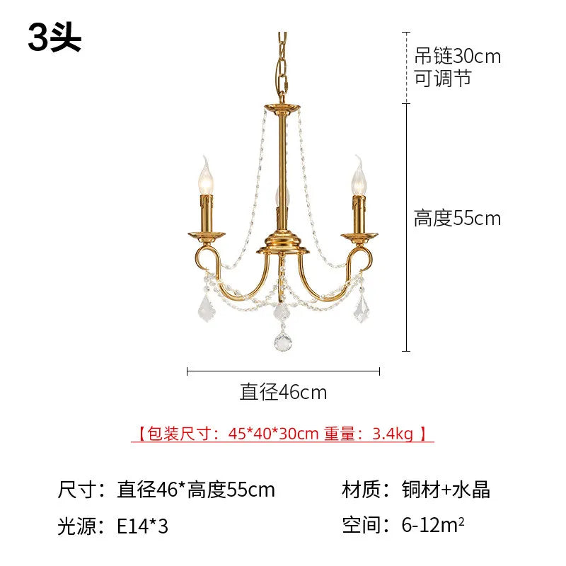 European Restaurant deco Copper LED Candle chandelier for Dining Room deco American Retro Pastoral Entrance kitchen hanging lamp