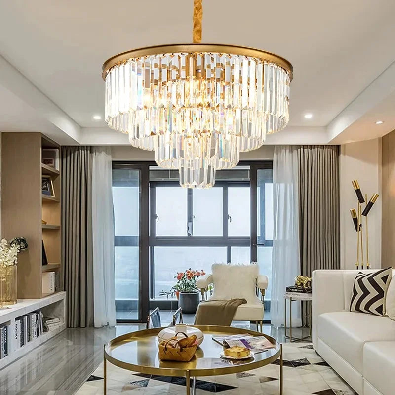 American Luxury Led Crystal Chandelier Modern Multilayer Gold Black Glass Crystal Hanging Lamp Indoor Decor Living Room Kitchen